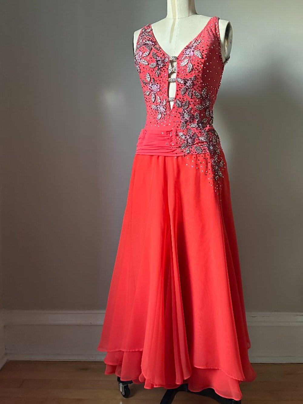 Ballroom Smooth Gown Coral Red Rhinestone Floral Chiffon w/ Floats & Jewelry Set